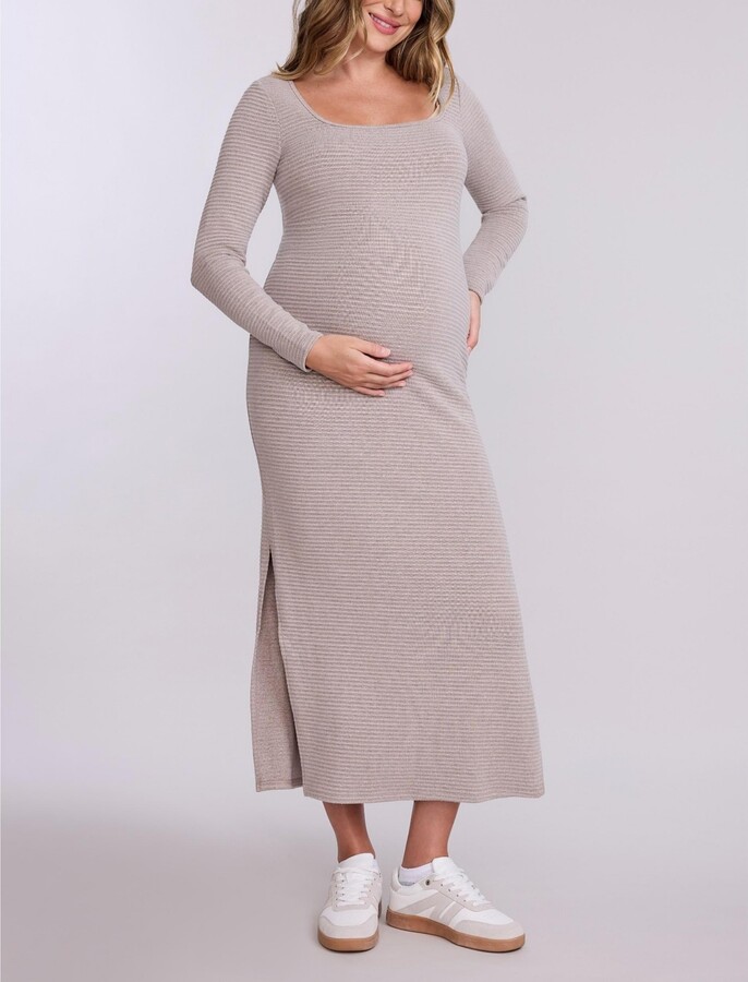 Motherhood Maternity Maternity Square Neck Rib Knit Long Sleeve Bodycon Maxi Dress - Motherhood - Black white stripes