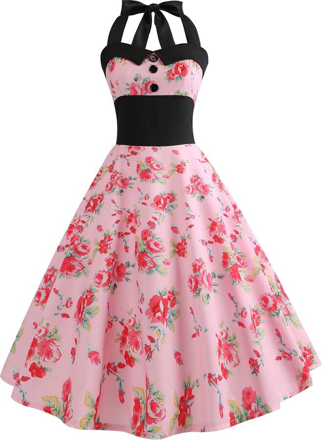 XFLWAM Women's 1950s Retro Polka Dots Dress Vintage Halter Tie Audrey Hepburn A Line Mesh Trim Cocktail 50s 60s Swing Dresses