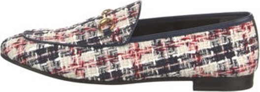 Gucci Tweed Loafers Blue Tweed Pattern Round-Toes with Leather Trim Embellishment Includes Box & Dust Bag Designer