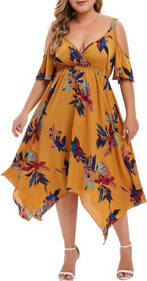 jerferr Plus Size Dress Women Floral Printed Short Sleeve V-Neck Cold Shouder Dress Yellow