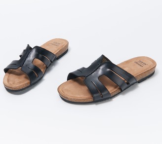 earth perforated leather slide sandals