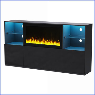 George Oliver TV Furniture | Modern Black LED TV Stand with Tempered Glass Shelves & Storage | Fits 75” TVs | Black | TV Size Ranges