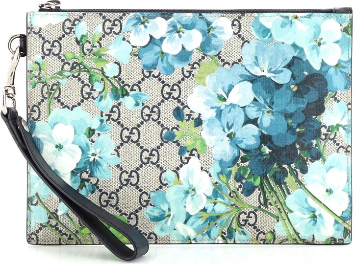 Gucci Wristlet Zip Pouch Blooms Print GG Coated Canvas Small Blue