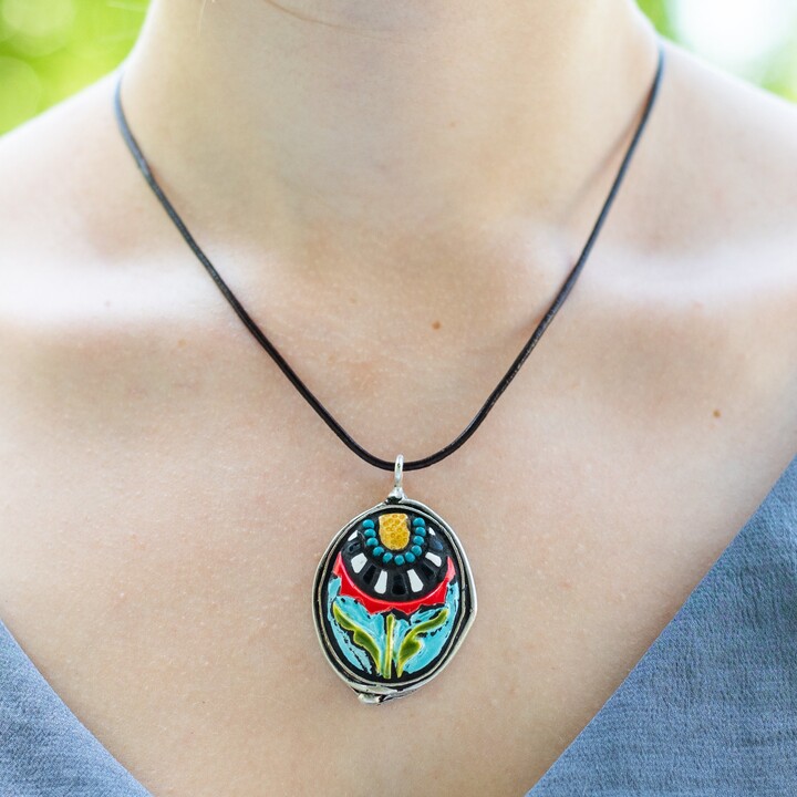 Pendant Necklace For Women, Ceramic Flower Necklace Blossom in Blue Sky