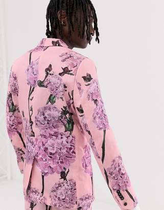 Twisted Tailor skinny linen suit jacket with floral print-Pink