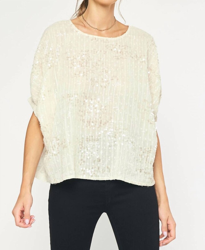 Entro Sequin Short Sleeve Round Neck Top In Cream