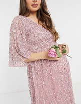 Thumbnail for your product : Maya Maternity Bridesmaid plunge front flutter sleeve delicate sequin maxi dress in pink