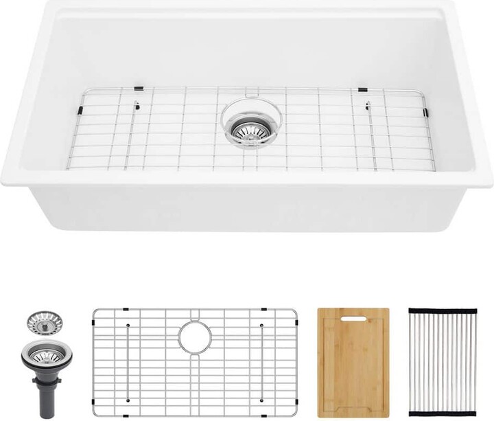 Afhocomp 33 in. Undermount Single Bowl White Quartz Kitchen Sink with Bottom Grids, Drain Board