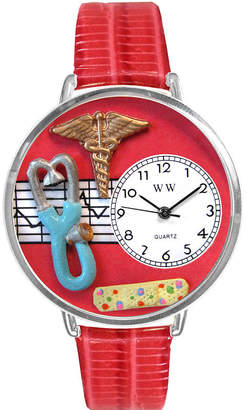 Whimsical Watches Personalized Nurse Womens Silver-Tone Bezel Red Leather Strap Watch
