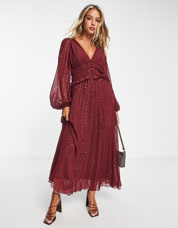 Pleated Midi Dress Asos Maroon Dress ASOS Curve Red Velvet Pleated