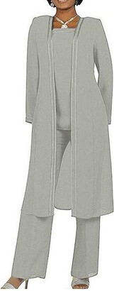 Botong Women's 3 PC Chiffon Pants Suits Mother's Outfit for Wedding Plus Size Evening Gowns Dress Suit Silver Grey UK14
