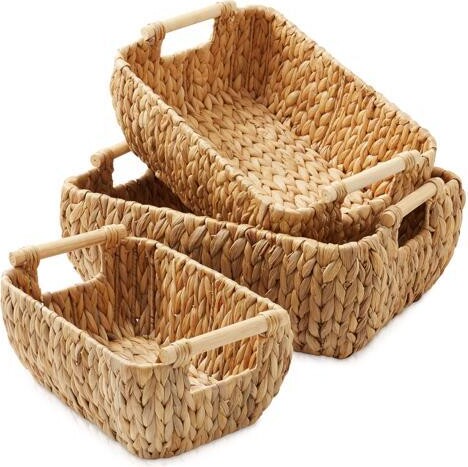 Casafield Set of 3 Water Hyacinth Oval Storage Baskets with Wooden Handles - Small, Medium, Large - Woven Nesting Basket Organizers