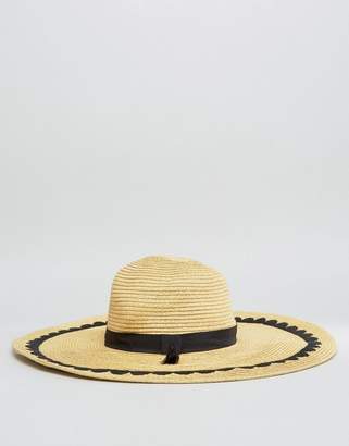 Glamorous Straw Floppy Sun Hat With Scalloped Embroidered Trim