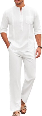 COOFANDY Men's 2 Pieces Cotton Linen Set Long Sleeve Henley Shirts Casual  Beach Pants With Pockets Summer Yoga Outfits 01-white Large