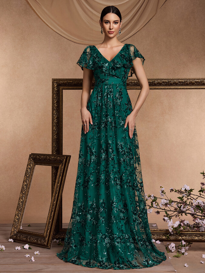 Lucy in love Luxury Floor Length V-Neck Evening Dress Long 2025 Women Elegant Party Dress Sequin Short Sleeves Prom Cocktail Dress