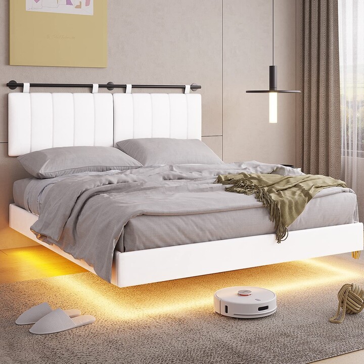 EPOWP Floating Queen Bed Frame with Led Lights and Wall Mounted