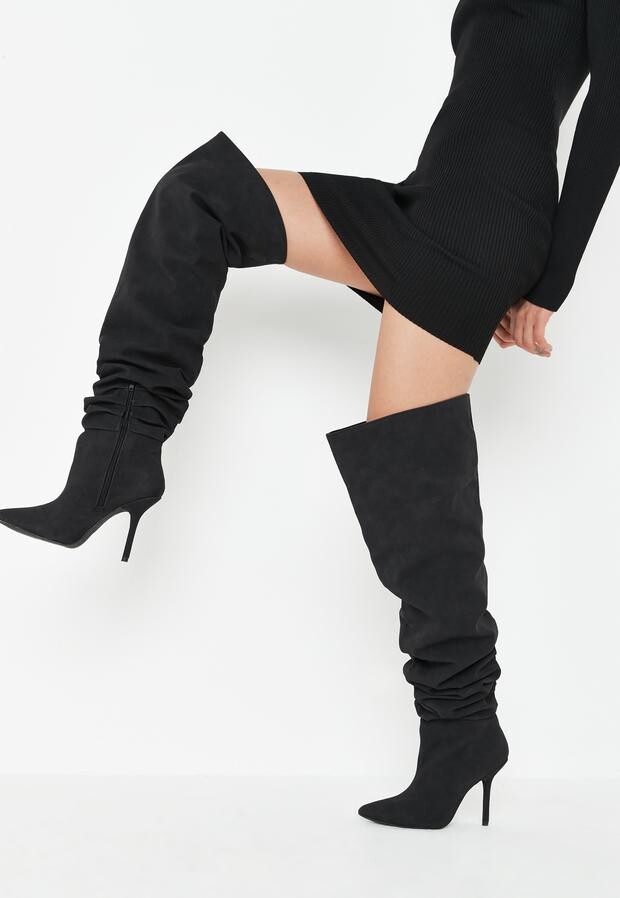 Black 10 Pumper Joes Womens Boots Faux Suede Over The Knee