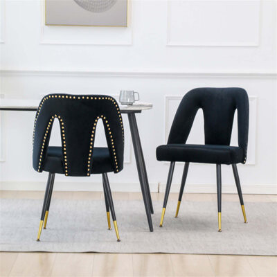 Akoya Collection Modern Velvet Upholstered Dining Chair with Nailheads and Gold Tipped Metal Legs, Set of 2