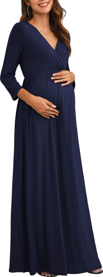 Navy Blue Floral URBIUTF Womens 3/4 Sleeve V Neck Wrap Ruched Long Maternity Maxi Dress with Belt Medium