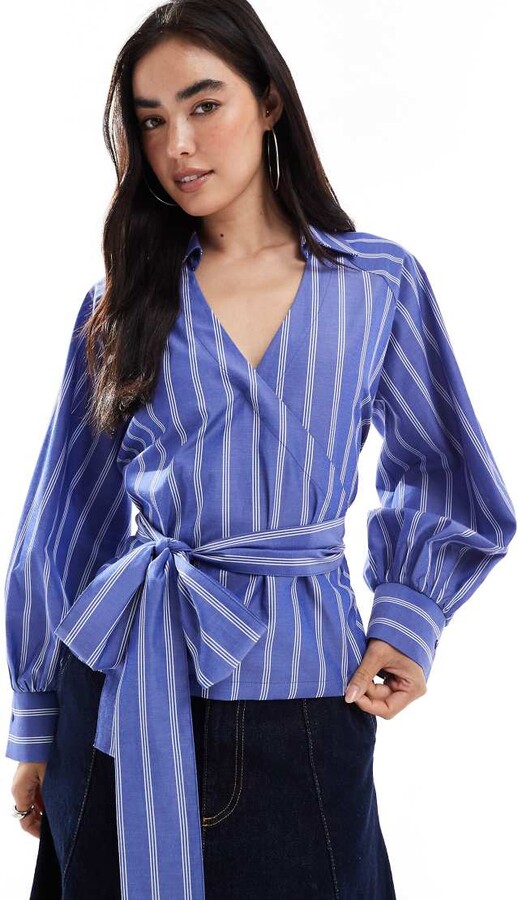 ASOS DESIGN cocoon sleeve wrap tie waist detail shirt in blue