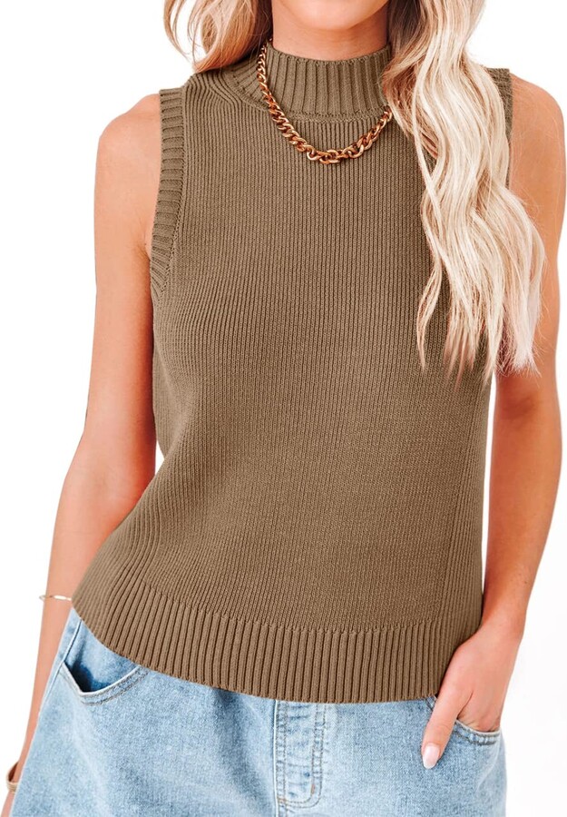 Women's Mock Neck Knit Sweater Vest Sleeveless Casual Trendy Summer Ribbed  Pullover Tank Tops