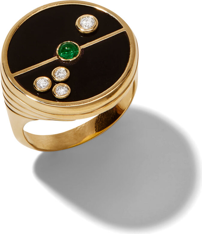 Retrouvaí Black Onyx and Emerald Compass Yellow Gold Ring