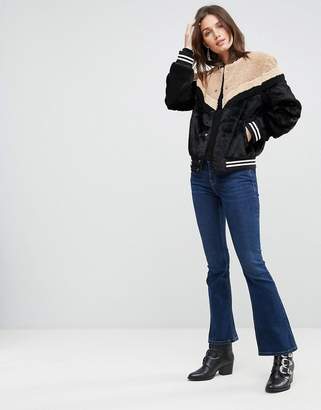Free People Mixed Faux Fur Sporty Bomber Jacket