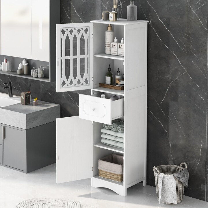 Tiptiper Tall Bathroom Storage Cabinet with Glass Doors, Adjustable Shelves,  Linen Cabinet, White 