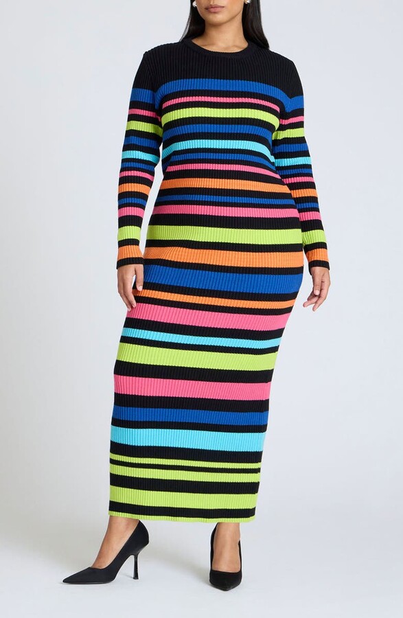 Variegated Stripe Long Sleeve Rib Maxi Dress