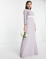 Thumbnail for your product : TFNC Bridesmaids chiffon maxi dress with lace scalloped back and long sleeves in gray