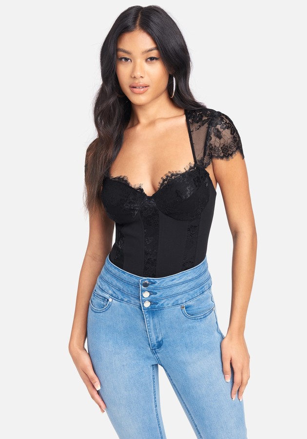 Lace and Shiny Knit Bustier Crop Top