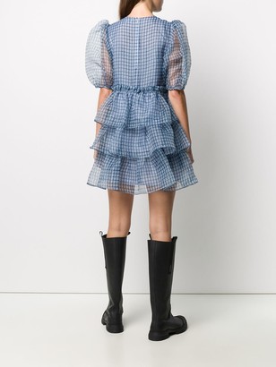 Ganni Puff-Sleeves Checked Tier Dress