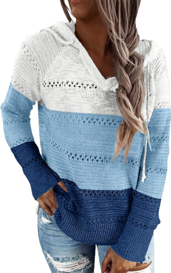 Sweaters For Teen Girls, Women's Cute Sweater Knitted Long-Sleeve Crewneck  Women's Autumn And Winter Splicing Knit Sweater Round Neck Long Sleeve  Striped Sweater Crew Neck Pullover (L, Sky Blue) 