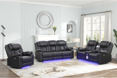 Orren Ellis Contemporary LED Power Recliner 3PC(Sofa + Loveseat + Chair) Including Cup Holders Loveseat With Console & Bluetooth Speakers Made With Wood And Metal