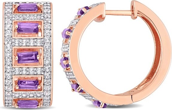 Everly Jewelry EVERLYJEWELRY|RosePlatedSterlingSilverBaguetteAfricanAmethystandWhiteTopazHoopEarrings