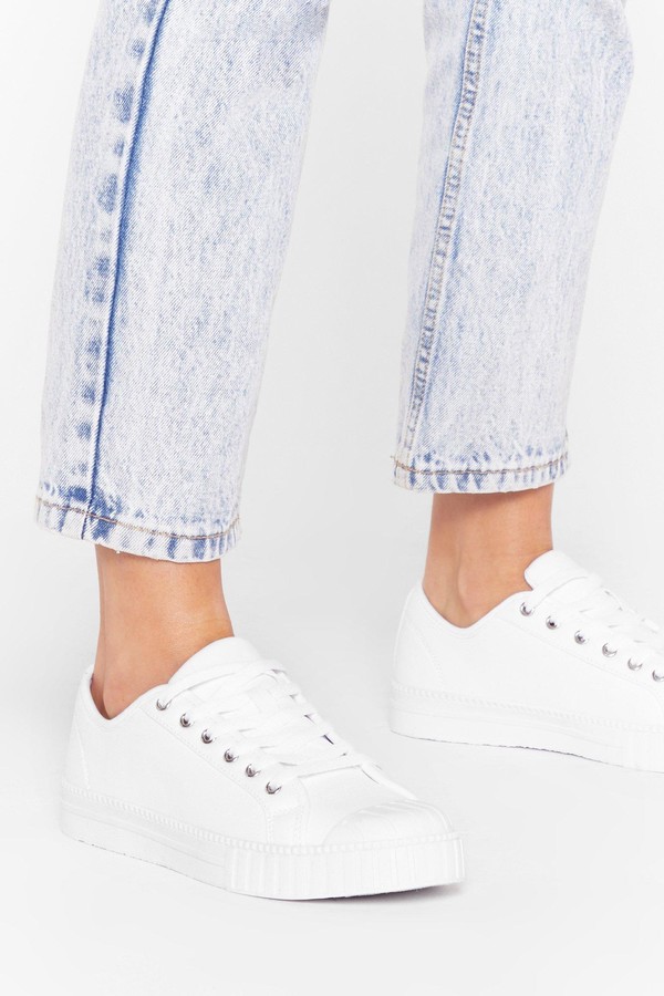 white canvas lace up flatform trainers