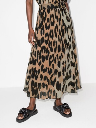 Ganni Brown Leopard Print Pleated Midi Skirt