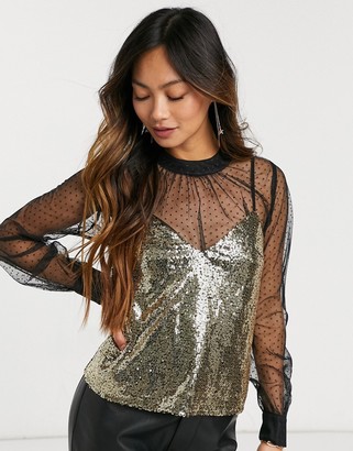 Forever U textured mesh long sleeve top with sequin cami in black and gold  - ShopStyle