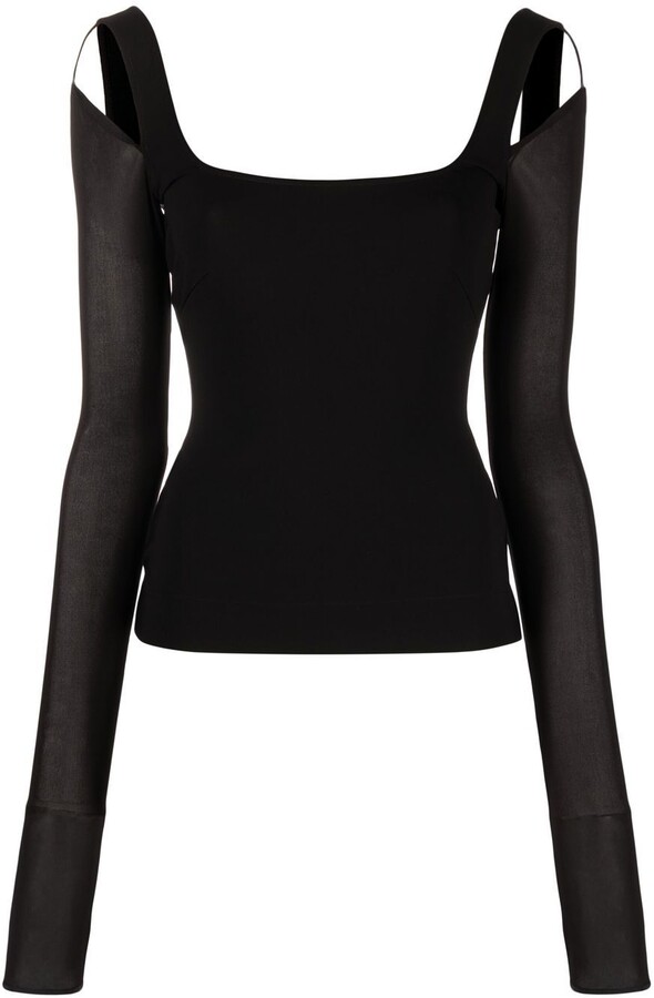 Details about   Long Sleeve Cold Shoulder with Thumb Holes Black 