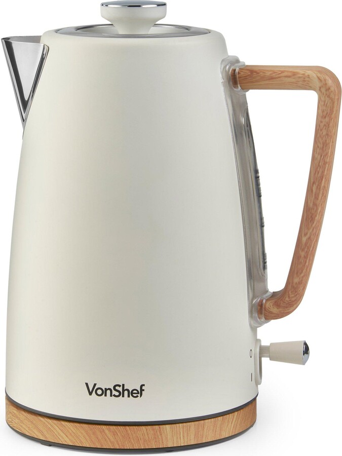 VonShef 3000W Rapid Boil Matte Cream and Wood Effect Kettle