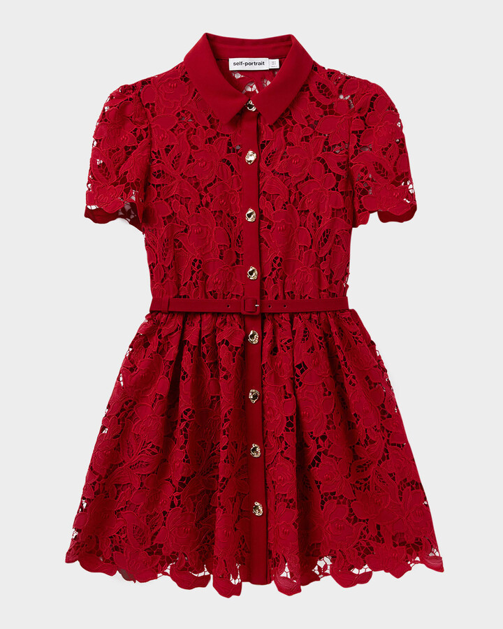 Self-Portrait Belted Floral Lace Mini Shirtdress