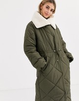 Thumbnail for your product : ASOS DESIGN quilted maxi puffer coat with borg collar in khaki