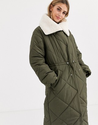 ASOS DESIGN quilted maxi puffer coat with borg collar in khaki