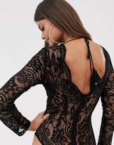 Thumbnail for your product : Love Triangle plunge front scallop edge body with tassel detail and lace insert in black