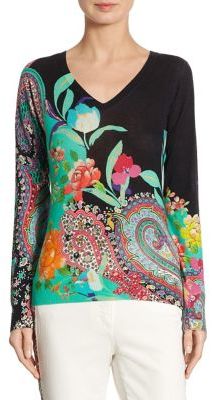 Etro Floral Paisley Silk & Cashmere V-Neck Sweater