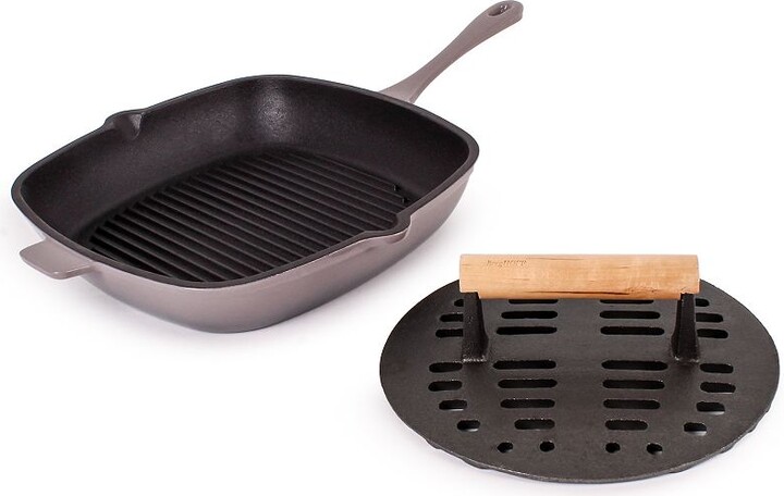 Berghoff 2-Piece Neo Cast Iron 11-in. Grill Pan with Slotted Steak Press Set