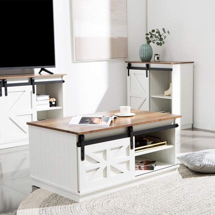 Furmax Coffee Table Sliding Barn Door Farmhouse, Storage Table