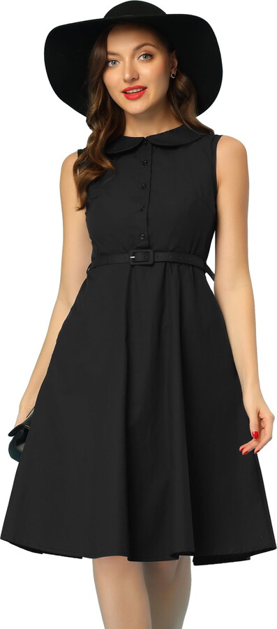 Unique Bargains Women’s Summer Flat Collar Cotton A Line Sleeveless Dress S Black