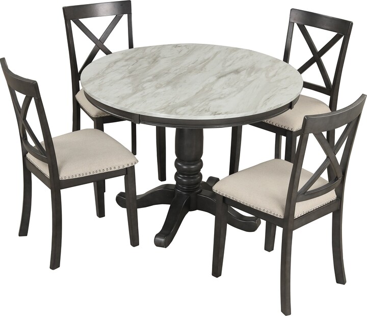 EDWINRAY 5Piece Round Dining Table Set for 4 with Drop Leaf & 4 Padded