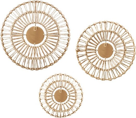 3pc Ella Round Natural Fiber and Mirror Wall Decor Set Natural - Madison Park: Iron Frames, Corn Husks, Boho Style